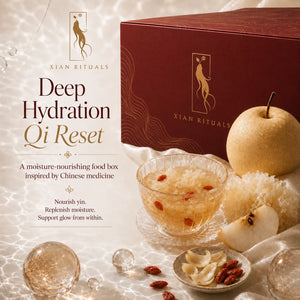 Xian Rituals Deep Hydration Qi Reset food box, burgundy box with gold lettering, a ritual kit with seasonal foods for TCM nourishment and Autumn dryness.