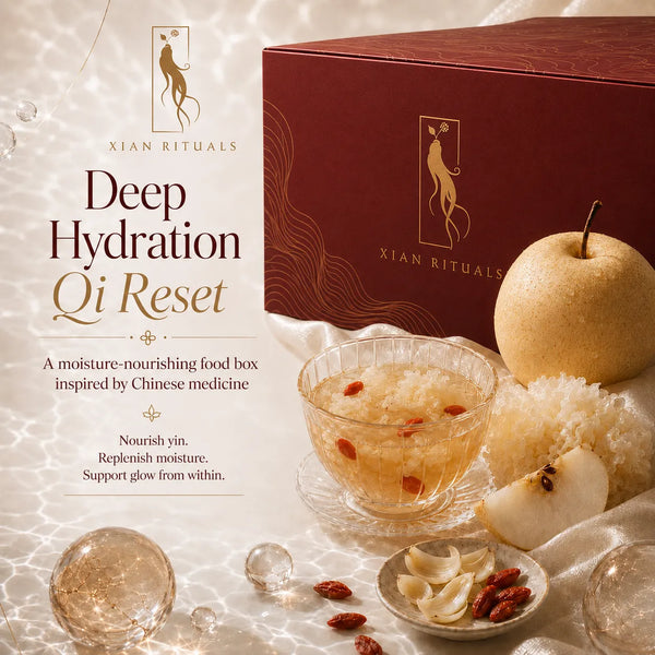 Xian Rituals Deep Hydration Qi Reset food box, burgundy box with gold lettering, a ritual kit with seasonal foods for TCM nourishment and Autumn dryness.