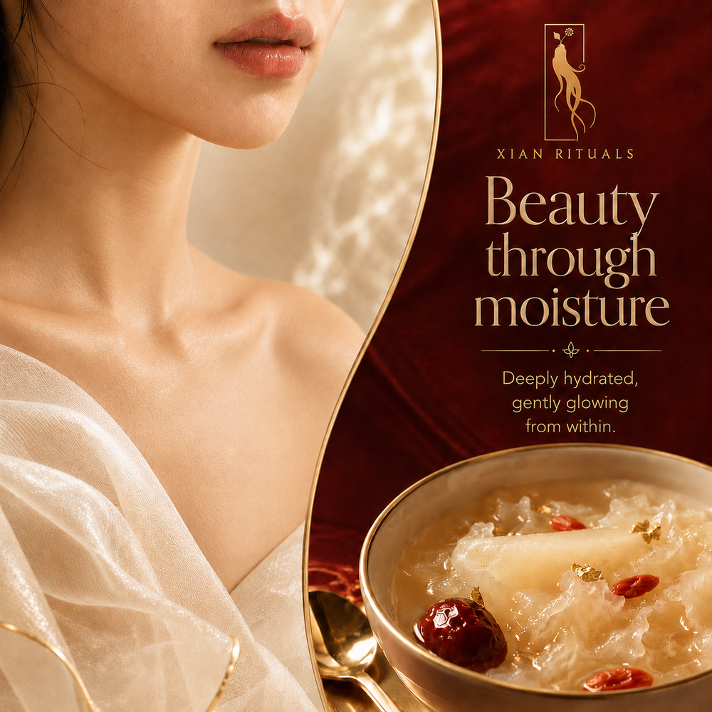 Woman in warm editorial light beside a prepared ritual bowl for Xian Rituals Deep Hydration Qi Reset™ Autumn TCM nourishment ritual