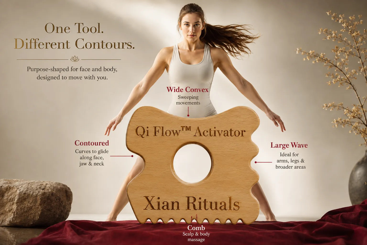 Qi Flow™ Activator wooden gua sha tool showing Wide Convex, Contoured, Large Wave, and Comb massage edges